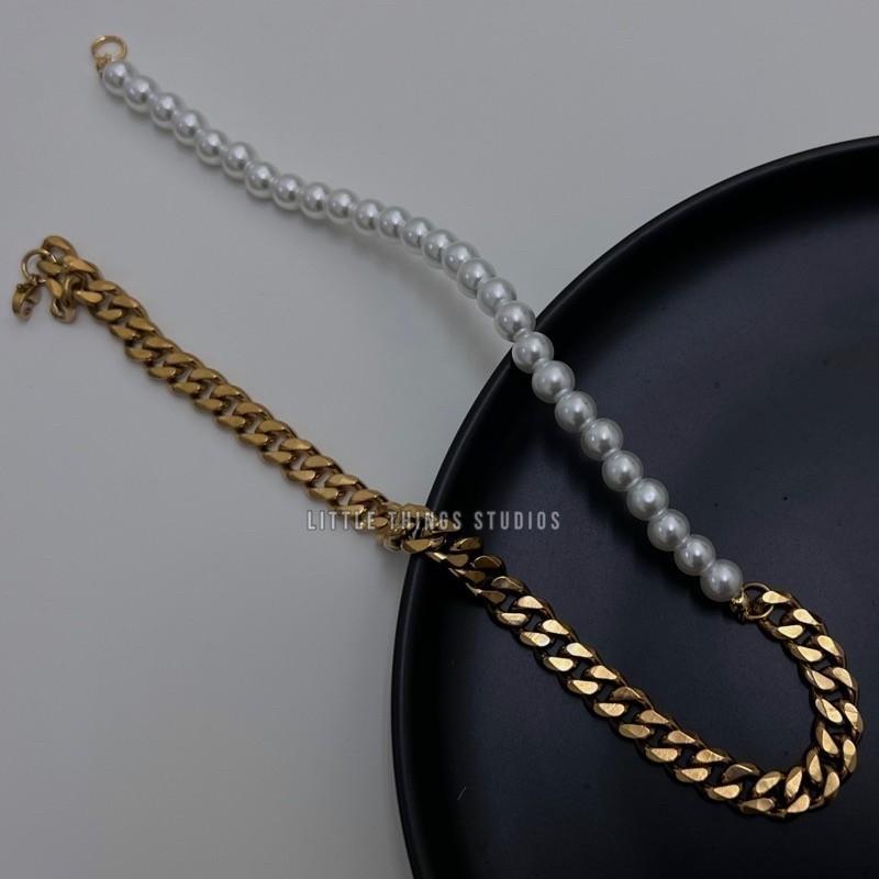 現貨 內實拍 粗獷奢華 珍珠拼接 古巴項鍊 鈦鋼 潮流 男 金色-細節圖4