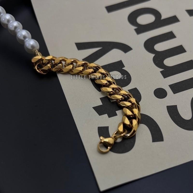 現貨 內實拍 粗獷奢華 珍珠拼接 古巴項鍊 鈦鋼 潮流 男 金色-細節圖5