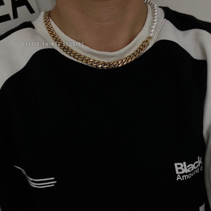 現貨 內實拍 粗獷奢華 珍珠拼接 古巴項鍊 鈦鋼 潮流 男 金色-細節圖7