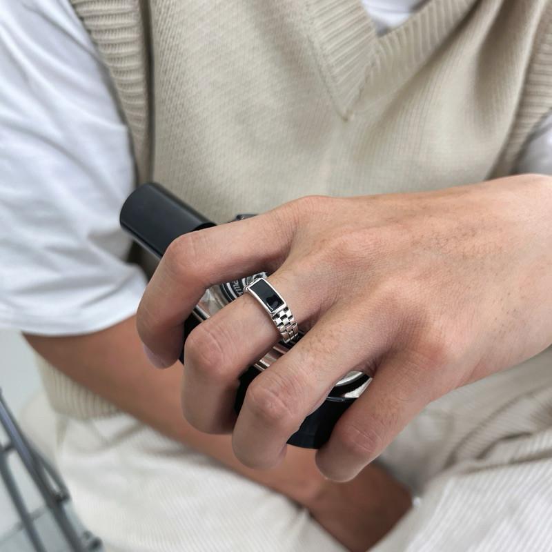 現貨 實拍 黑長方 棋盤格 戒指 開口 男戒 純銀S925-細節圖6