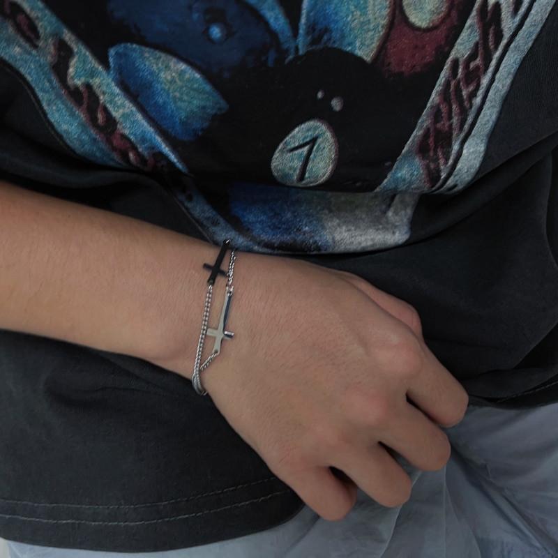 現貨 實拍 雙十字 鈦鋼手鍊 十字架 情侶 銀色 手鏈 SW063-細節圖2