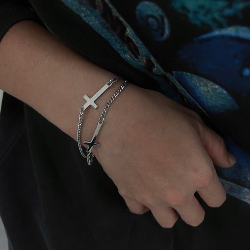 現貨 實拍 雙十字 鈦鋼手鍊 十字架 情侶 銀色 手鏈 SW063-細節圖6