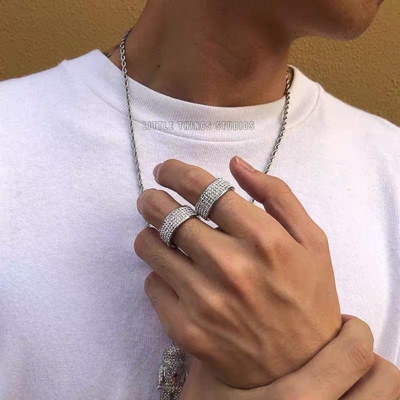 現貨 五排鑽 亮鑽戒指 鈦鋼 銀色 寬戒 男生 滿鑽 美圍 戒指-細節圖5