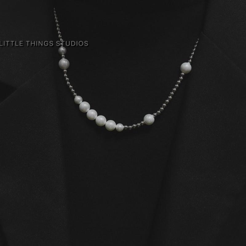 現貨 內文實拍 無性別 拼接 珍珠 項鍊 鈦鋼 不對稱 串珠-細節圖2