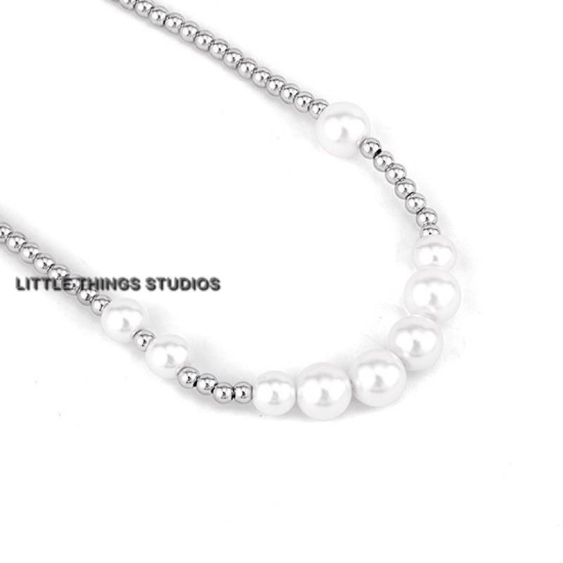 現貨 內文實拍 無性別 拼接 珍珠 項鍊 鈦鋼 不對稱 串珠-細節圖4