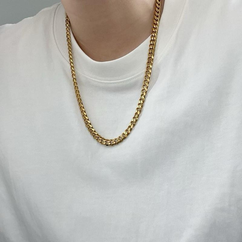 現貨 實拍 金色 7mm六面磨古巴鏈 鈦鋼 粗鍊 男生項鍊 金色 SN134-細節圖6