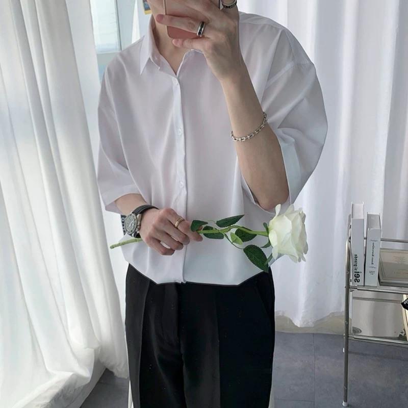 現貨2色 飄逸墜感 短袖襯衫 雪紡襯衫 白襯衫 黑襯衫 白色襯衫 黑色襯衫 垂墜感 男生襯衫 冰絲 涼感 短袖上衣 素面-細節圖2