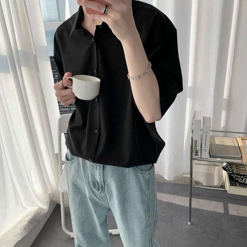 現貨2色 飄逸墜感 短袖襯衫 雪紡襯衫 白襯衫 黑襯衫 白色襯衫 黑色襯衫 垂墜感 男生襯衫 冰絲 涼感 短袖上衣 素面-細節圖7