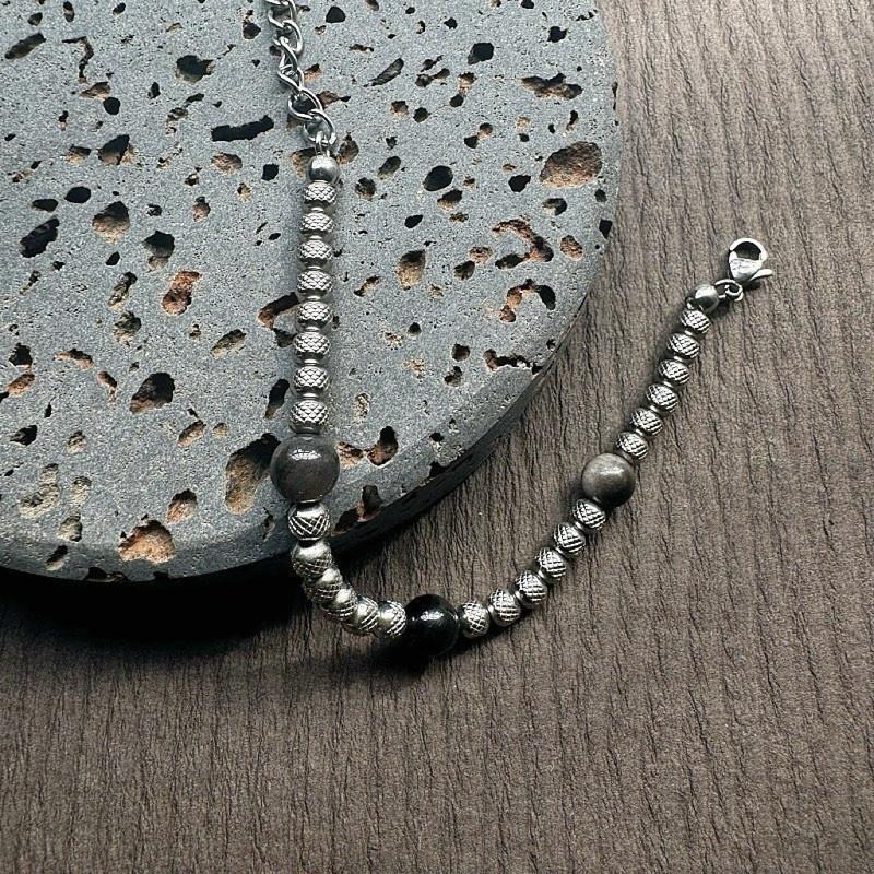 現貨 實拍影片 銀曜石 轉珠 天然石 手鏈 鈦鋼 男 晶石 手鍊 花紋珠 手串 手飾 SW035-細節圖4