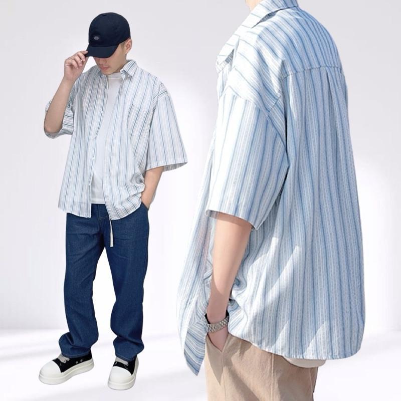 現貨 實拍 2色 痞帥街頭 直條紋襯衫 短袖襯衫 短袖上衣 外搭 男生襯衫 搭配 條紋 線條 嘻哈 饒舌 說唱 街舞-細節圖2