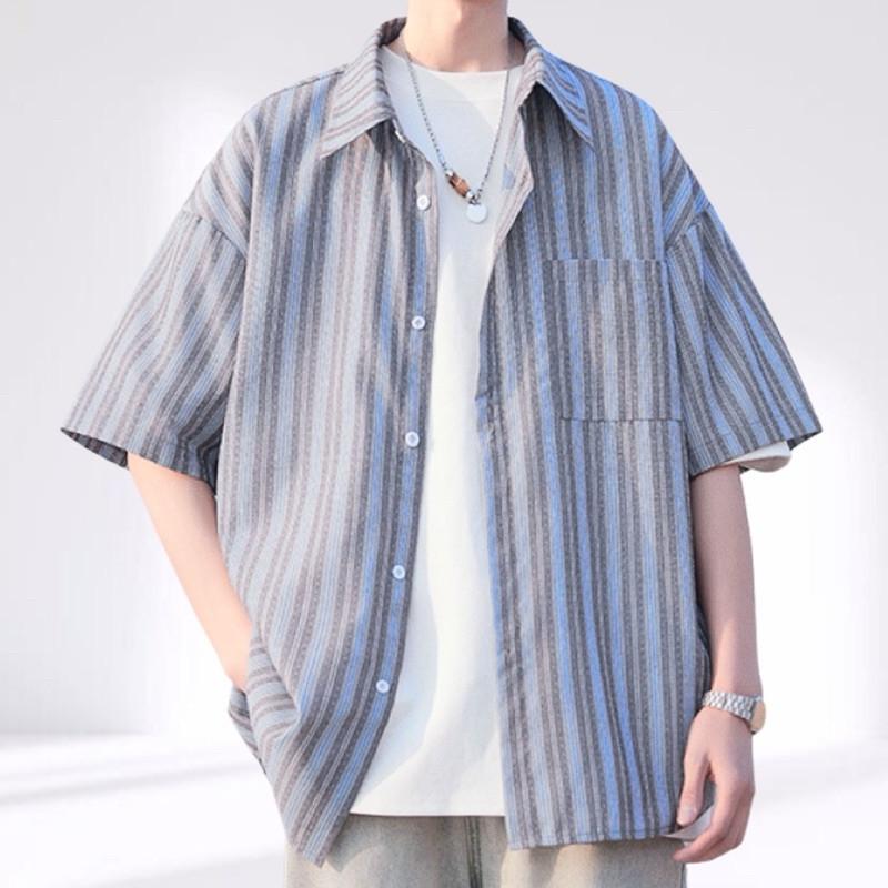 現貨 實拍 2色 痞帥街頭 直條紋襯衫 短袖襯衫 短袖上衣 外搭 男生襯衫 搭配 條紋 線條 嘻哈 饒舌 說唱 街舞-細節圖3