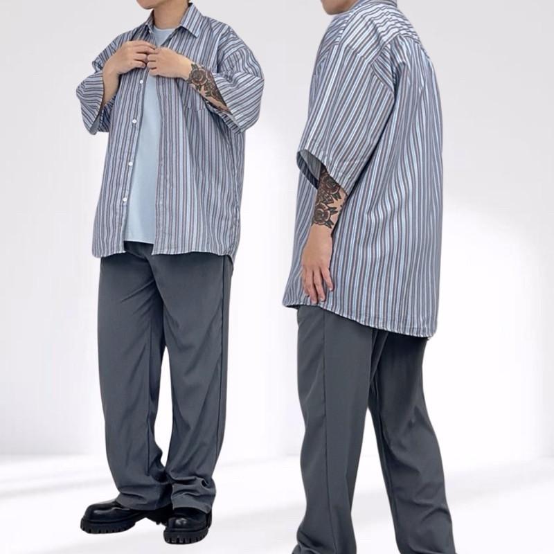 現貨 實拍 2色 痞帥街頭 直條紋襯衫 短袖襯衫 短袖上衣 外搭 男生襯衫 搭配 條紋 線條 嘻哈 饒舌 說唱 街舞-細節圖4