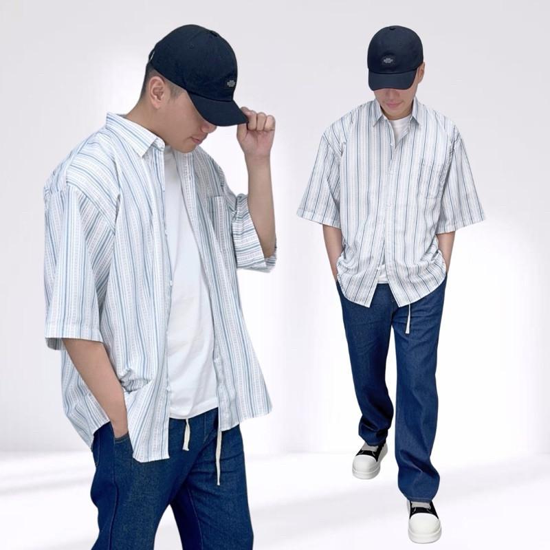 現貨 實拍 2色 痞帥街頭 直條紋襯衫 短袖襯衫 短袖上衣 外搭 男生襯衫 搭配 條紋 線條 嘻哈 饒舌 說唱 街舞-細節圖6