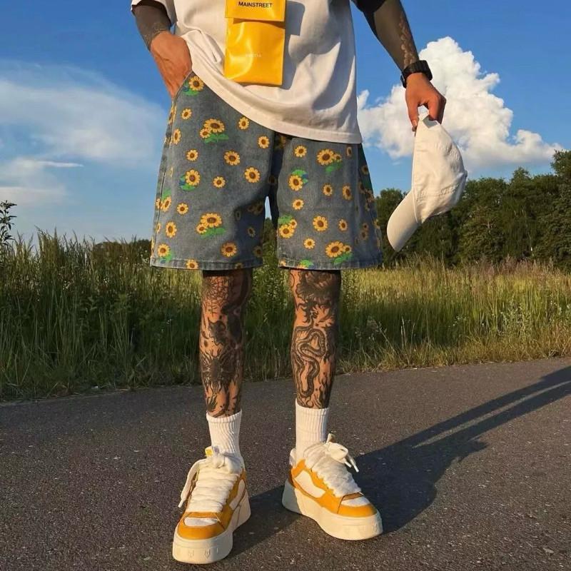 現貨 滿版小花短褲 向日葵 牛仔短褲 男生褲子 情侶褲子-細節圖2