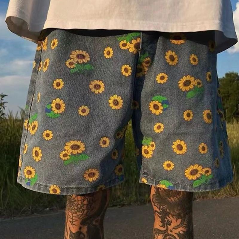 現貨 滿版小花短褲 向日葵 牛仔短褲 男生褲子 情侶褲子-細節圖3