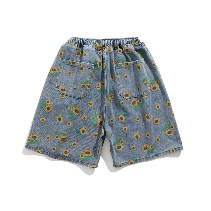 現貨 滿版小花短褲 向日葵 牛仔短褲 男生褲子 情侶褲子-細節圖5