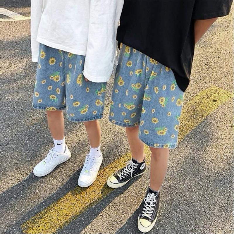 現貨 滿版小花短褲 向日葵 牛仔短褲 男生褲子 情侶褲子-細節圖7