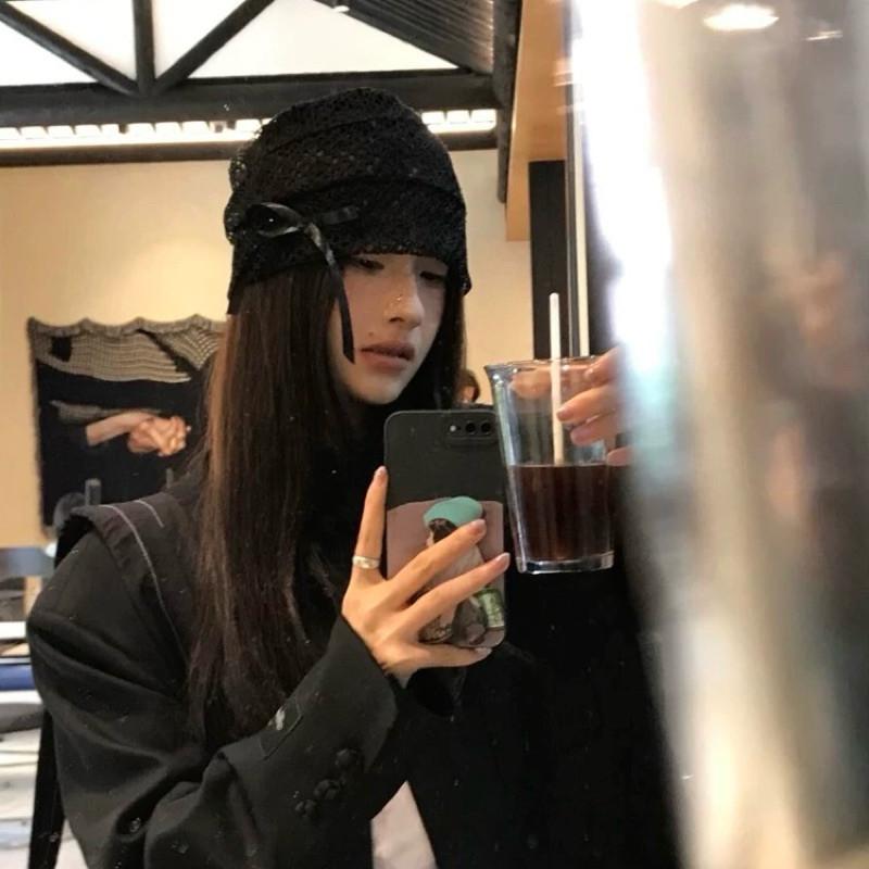 現貨 蝴蝶結 蕾絲包頭帽 鏤空 堆堆帽 Jennie 辣妹 韓系 彈性 針織帽 包頭 名媛風 設計感 包臉帽 時尚 女生-細節圖2