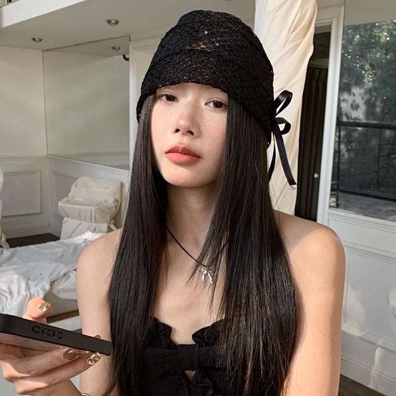 現貨 蝴蝶結 蕾絲包頭帽 鏤空 堆堆帽 Jennie 辣妹 韓系 彈性 針織帽 包頭 名媛風 設計感 包臉帽 時尚 女生-細節圖3