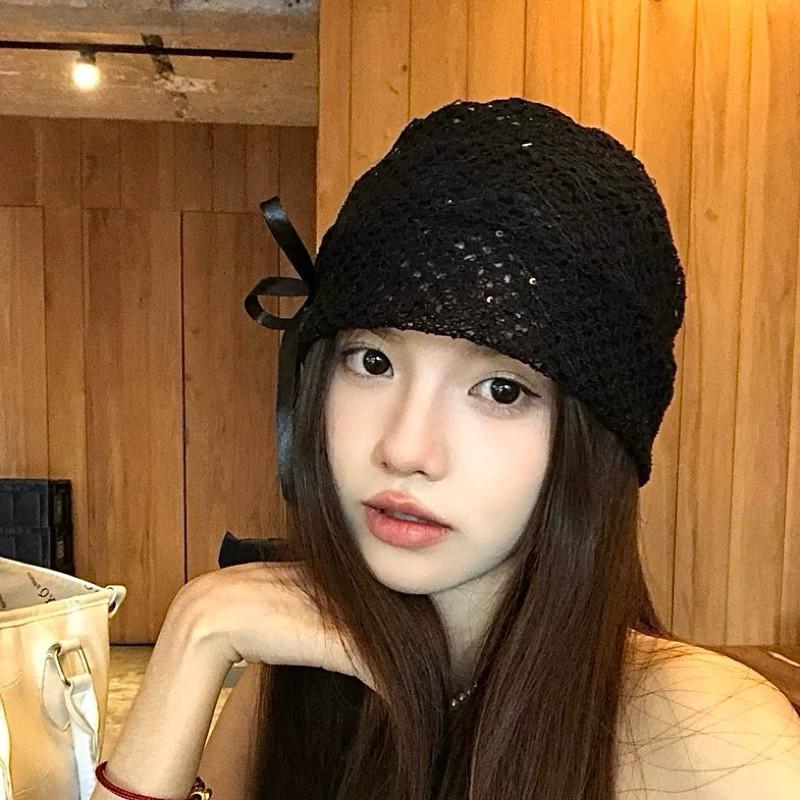 現貨 蝴蝶結 蕾絲包頭帽 鏤空 堆堆帽 Jennie 辣妹 韓系 彈性 針織帽 包頭 名媛風 設計感 包臉帽 時尚 女生-細節圖4