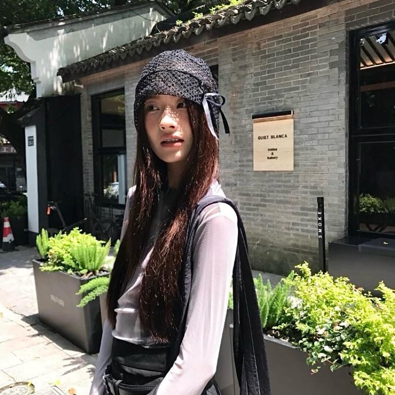 現貨 蝴蝶結 蕾絲包頭帽 鏤空 堆堆帽 Jennie 辣妹 韓系 彈性 針織帽 包頭 名媛風 設計感 包臉帽 時尚 女生-細節圖7