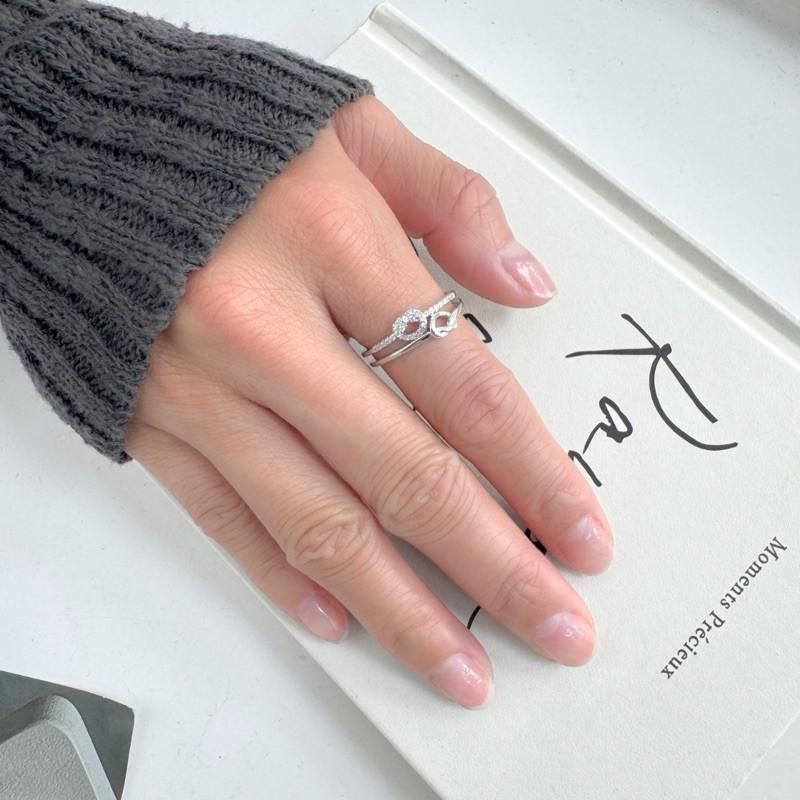 現貨實拍 雙結小鑽戒指 純銀戒指 開口戒指 愛心 水鑽 銀戒-細節圖2