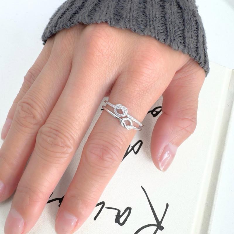 現貨實拍 雙結小鑽戒指 純銀戒指 開口戒指 愛心 水鑽 銀戒-細節圖3
