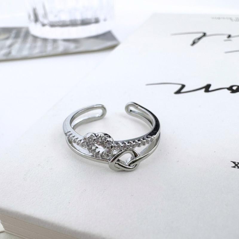 現貨實拍 雙結小鑽戒指 純銀戒指 開口戒指 愛心 水鑽 銀戒-細節圖4