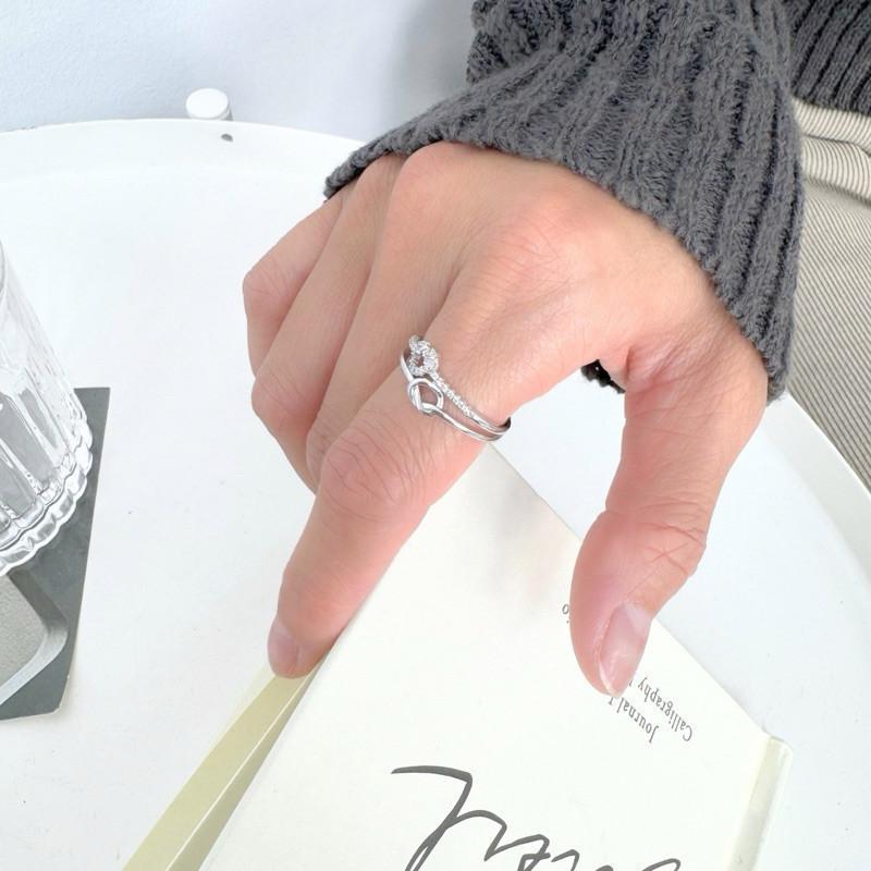 現貨實拍 雙結小鑽戒指 純銀戒指 開口戒指 愛心 水鑽 銀戒-細節圖6