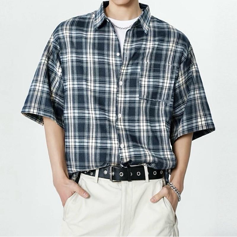 現貨實拍 美式格子短袖襯衫 男生襯衫 格紋襯衫 復古 休閒 藍色 上衣 襯衫 外搭 ST039-細節圖2