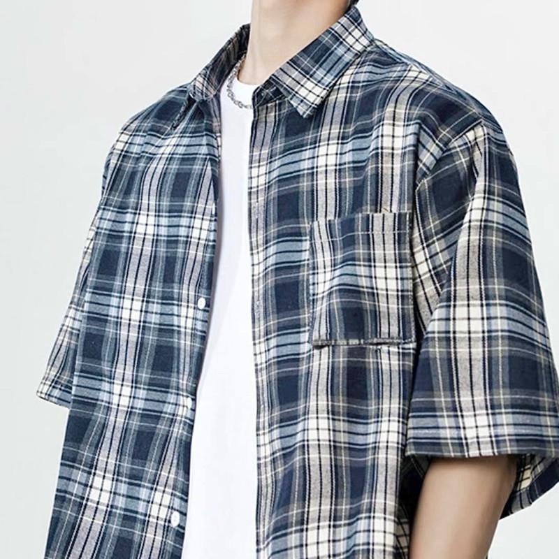 現貨實拍 美式格子短袖襯衫 男生襯衫 格紋襯衫 復古 休閒 藍色 上衣 襯衫 外搭 ST039-細節圖3