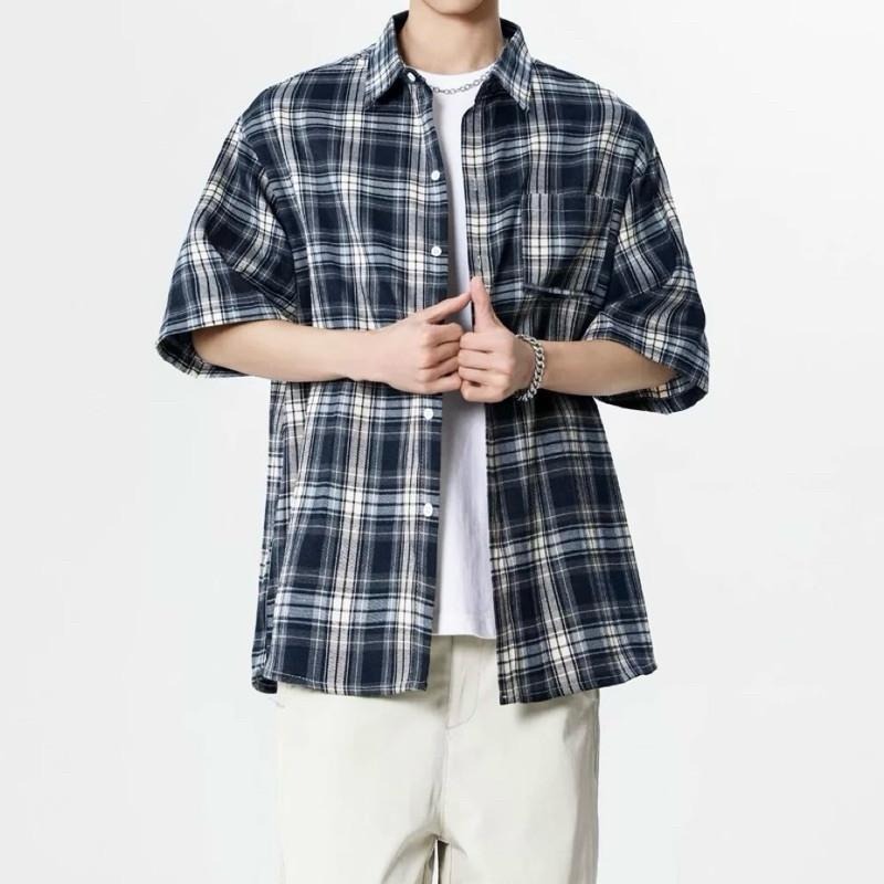 現貨實拍 美式格子短袖襯衫 男生襯衫 格紋襯衫 復古 休閒 藍色 上衣 襯衫 外搭 ST039-細節圖4