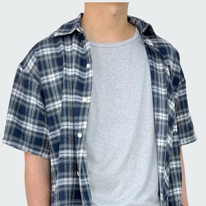現貨實拍 美式格子短袖襯衫 男生襯衫 格紋襯衫 復古 休閒 藍色 上衣 襯衫 外搭 ST039-細節圖6