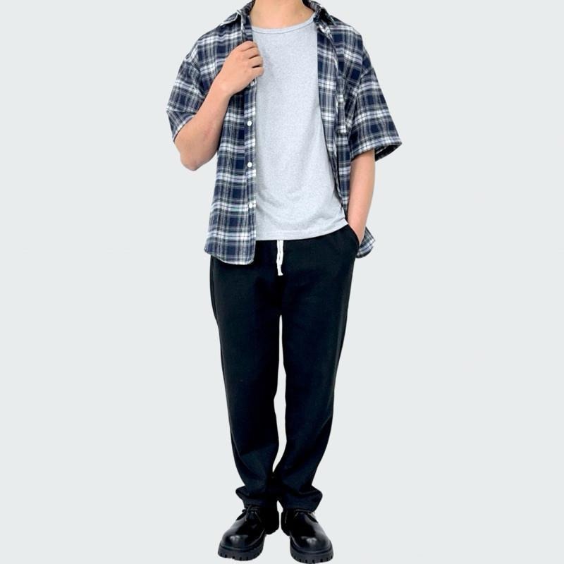 現貨實拍 美式格子短袖襯衫 男生襯衫 格紋襯衫 復古 休閒 藍色 上衣 襯衫 外搭 ST039-細節圖7