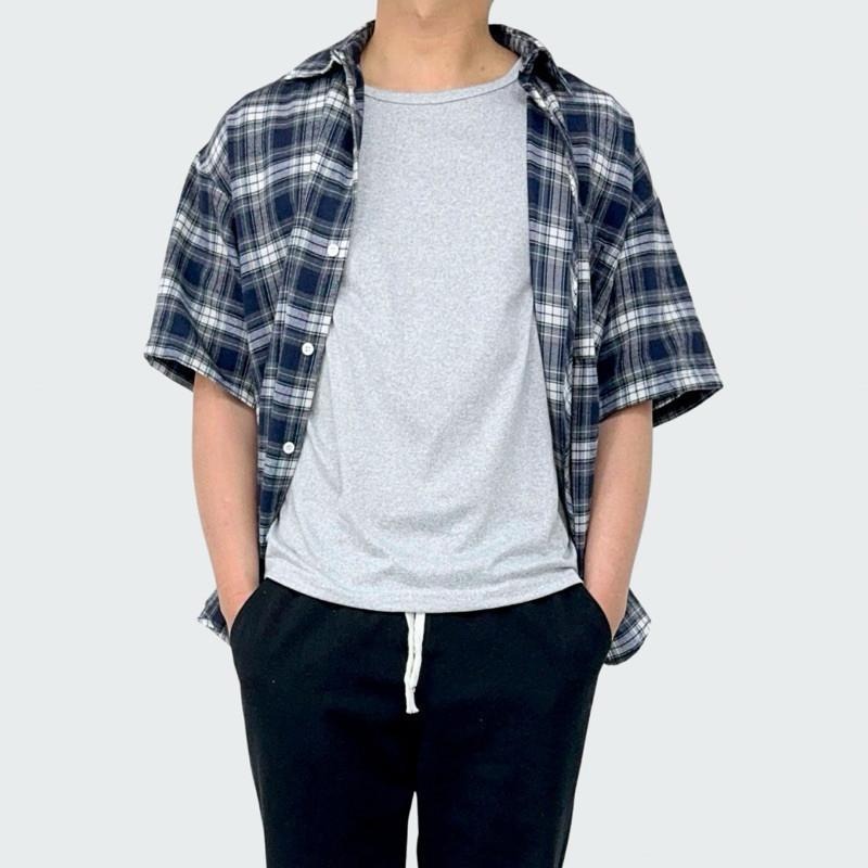 現貨實拍 美式格子短袖襯衫 男生襯衫 格紋襯衫 復古 休閒 藍色 上衣 襯衫 外搭 ST039-細節圖8