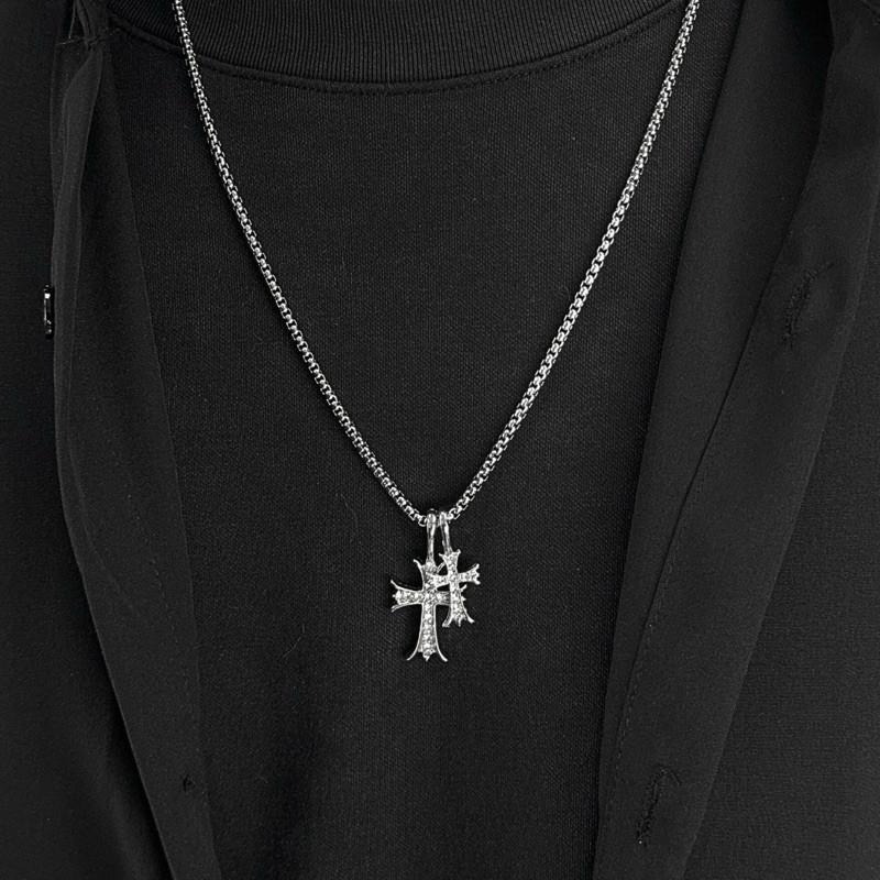 現貨實拍 雙十字水鑽項鍊 鈦鋼項鍊 男生項鏈 高雄飾品 十字架 項鍊男 酷帥 滿鑽 貼鑽 小東西工作室 SN012-細節圖5