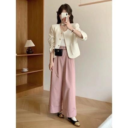 現貨 實拍 反摺造型 小隻女 九分寬褲 長褲 素面長褲 百搭-細節圖2