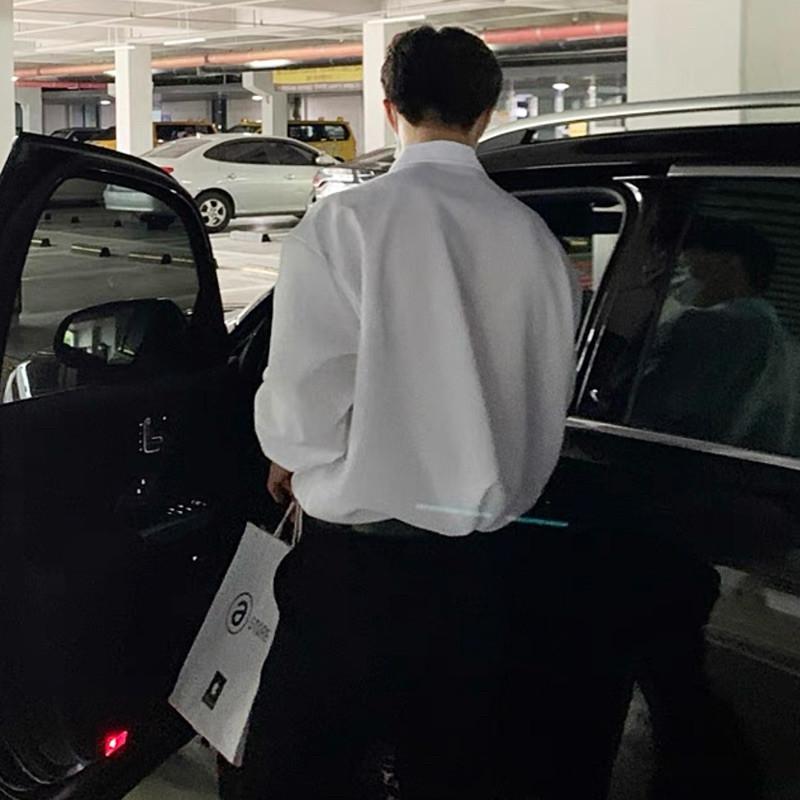 現貨3色 鬆弛感 長袖襯衫 雪紡襯衫 白襯衫 黑襯衫 白色襯衫 黑色襯衫 涼感 冰絲 男生襯衫 短袖上衣 素面 百搭襯衫-細節圖3