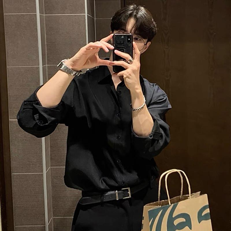 現貨3色 鬆弛感 長袖襯衫 雪紡襯衫 白襯衫 黑襯衫 白色襯衫 黑色襯衫 涼感 冰絲 男生襯衫 短袖上衣 素面 百搭襯衫-細節圖5