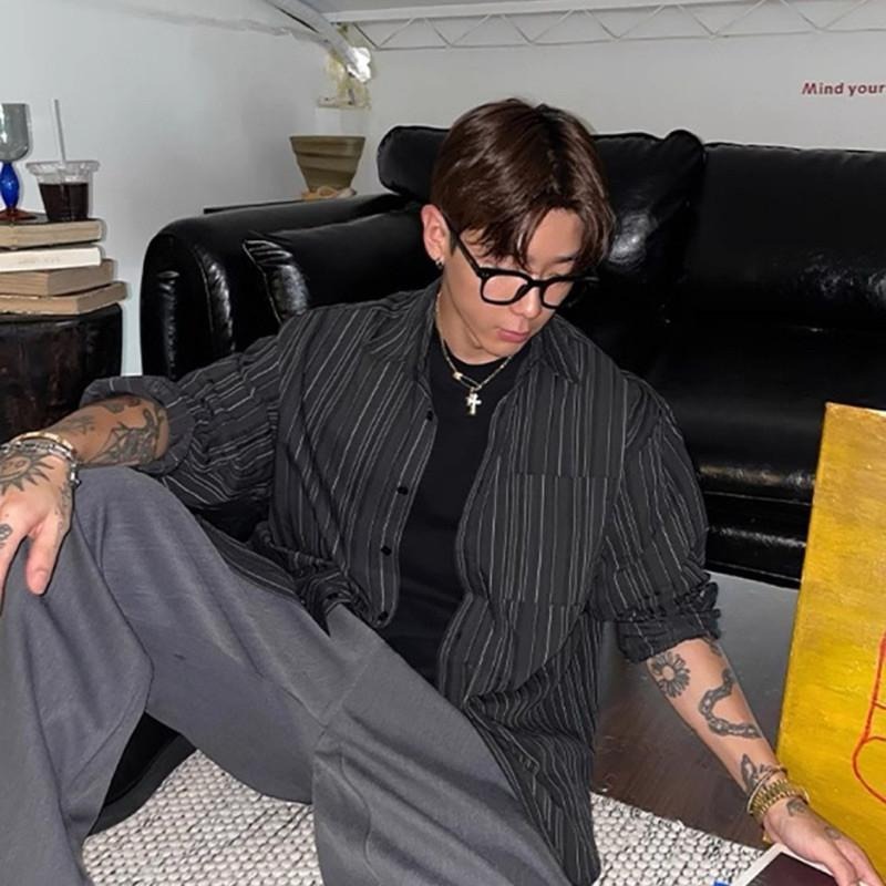 廓形線條 直紋 肌理棉 襯衫 長袖 條紋 罩衫 工裝 男  ST035-細節圖2