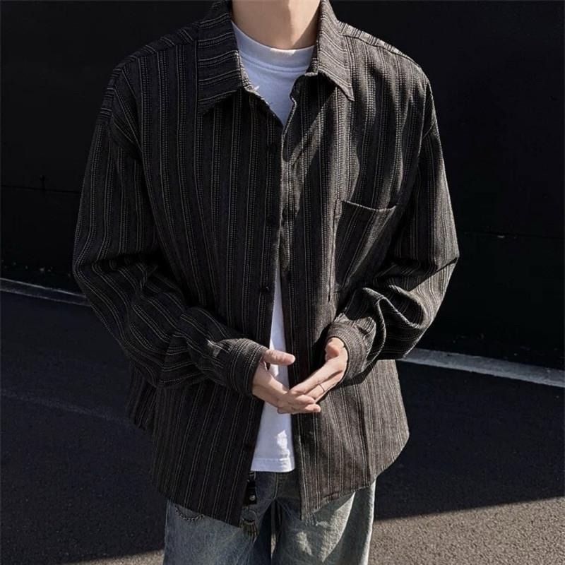 廓形線條 直紋 肌理棉 襯衫 長袖 條紋 罩衫 工裝 男  ST035-細節圖4