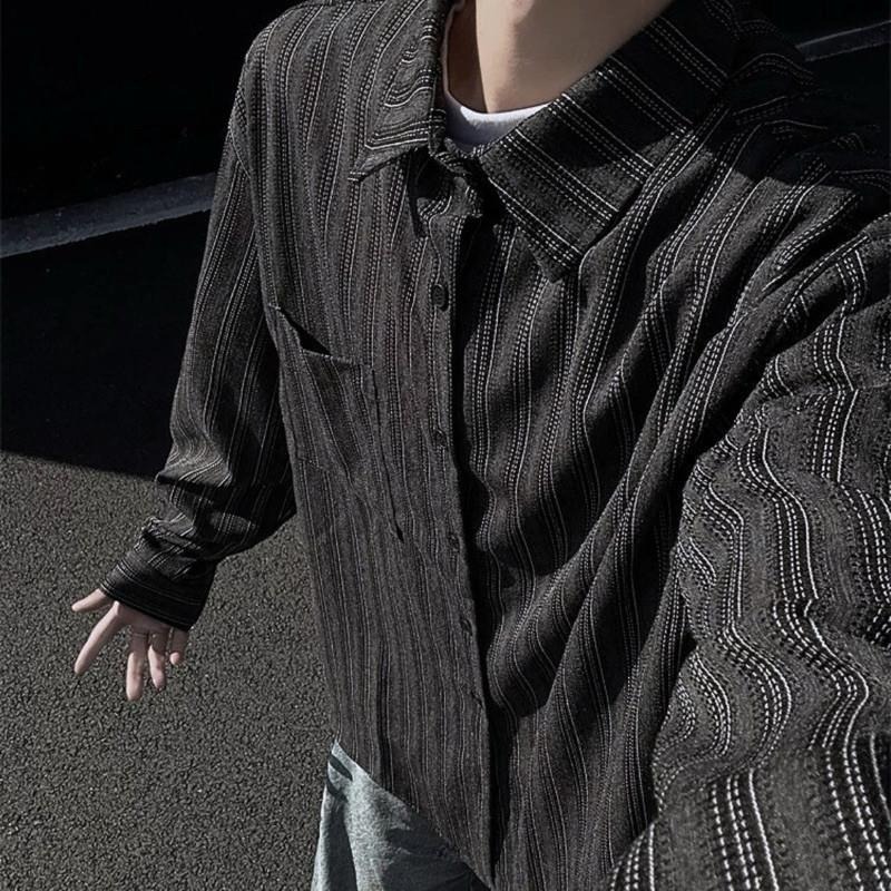 廓形線條 直紋 肌理棉 襯衫 長袖 條紋 罩衫 工裝 男  ST035-細節圖5