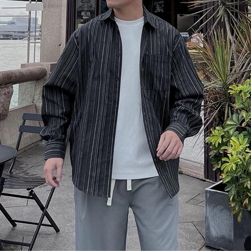 廓形線條 直紋 肌理棉 襯衫 長袖 條紋 罩衫 工裝 男  ST035-細節圖6