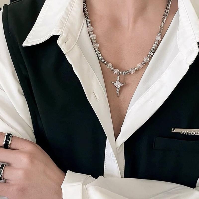 現貨 冰晶串珠 珠珠項鍊 串珠項鍊 鈦鋼項鍊 透明 串珠 墜鍊 潮流 項鏈 小眾 特別 飾品 男 女  SN144-細節圖2