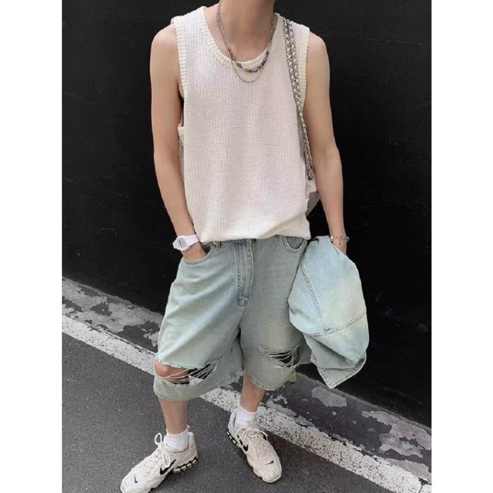 現貨 3色 素面坑條 針織背心 無袖 上衣 涼感 男裝 內搭 秋天 背心 鬆弛感-細節圖2