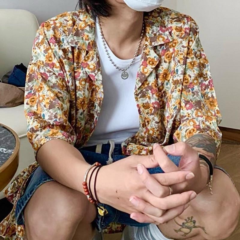 現貨 細節實拍 奶油系 韓風碎花襯衫 短袖襯衫 花襯衫 男生 休閒 渡假風 東南亞 穿搭 情侶襯衫 海島 ST008-細節圖2