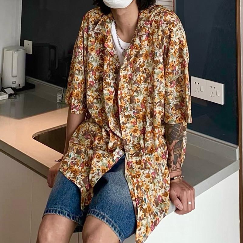 現貨 細節實拍 奶油系 韓風碎花襯衫 短袖襯衫 花襯衫 男生 休閒 渡假風 東南亞 穿搭 情侶襯衫 海島 ST008-細節圖3