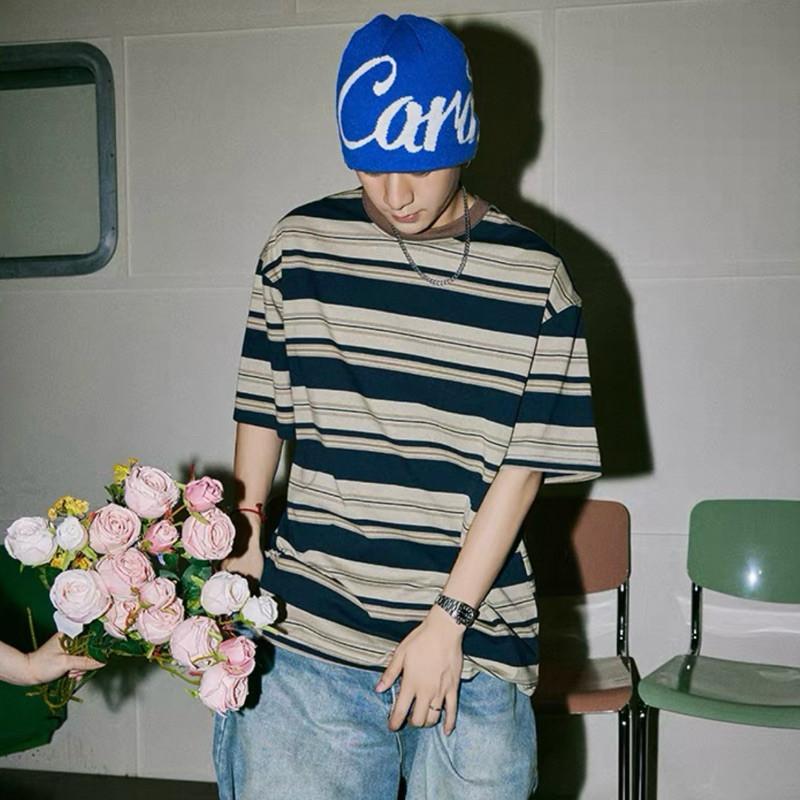 現貨 2色 單品實拍 回到過去 條紋短袖 大地色 寬鬆 短tee 復古 男生 情侶 上衣 落肩 咖啡色 情侶上衣-細節圖2