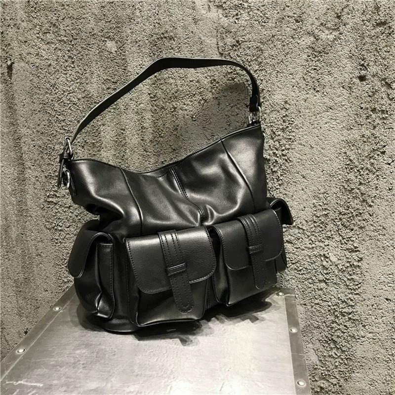 現貨 多口袋 垂墜包 皮革 男肩包 水餃包 肩背包 側背包 黑色 男生 韓系 兩用 SB006-細節圖4