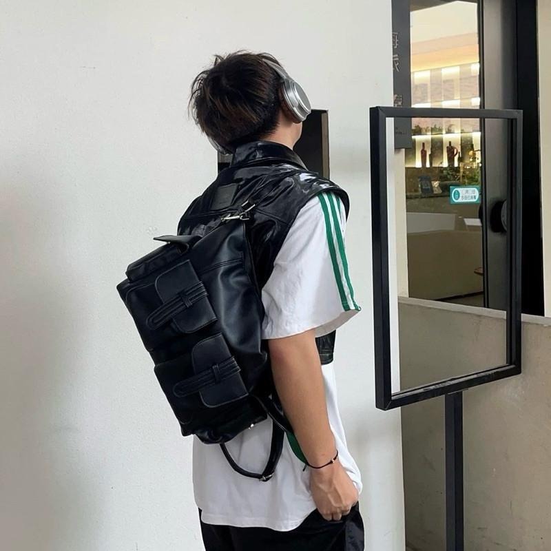 現貨 多口袋 垂墜包 皮革 男肩包 水餃包 肩背包 側背包 黑色 男生 韓系 兩用 SB006-細節圖8